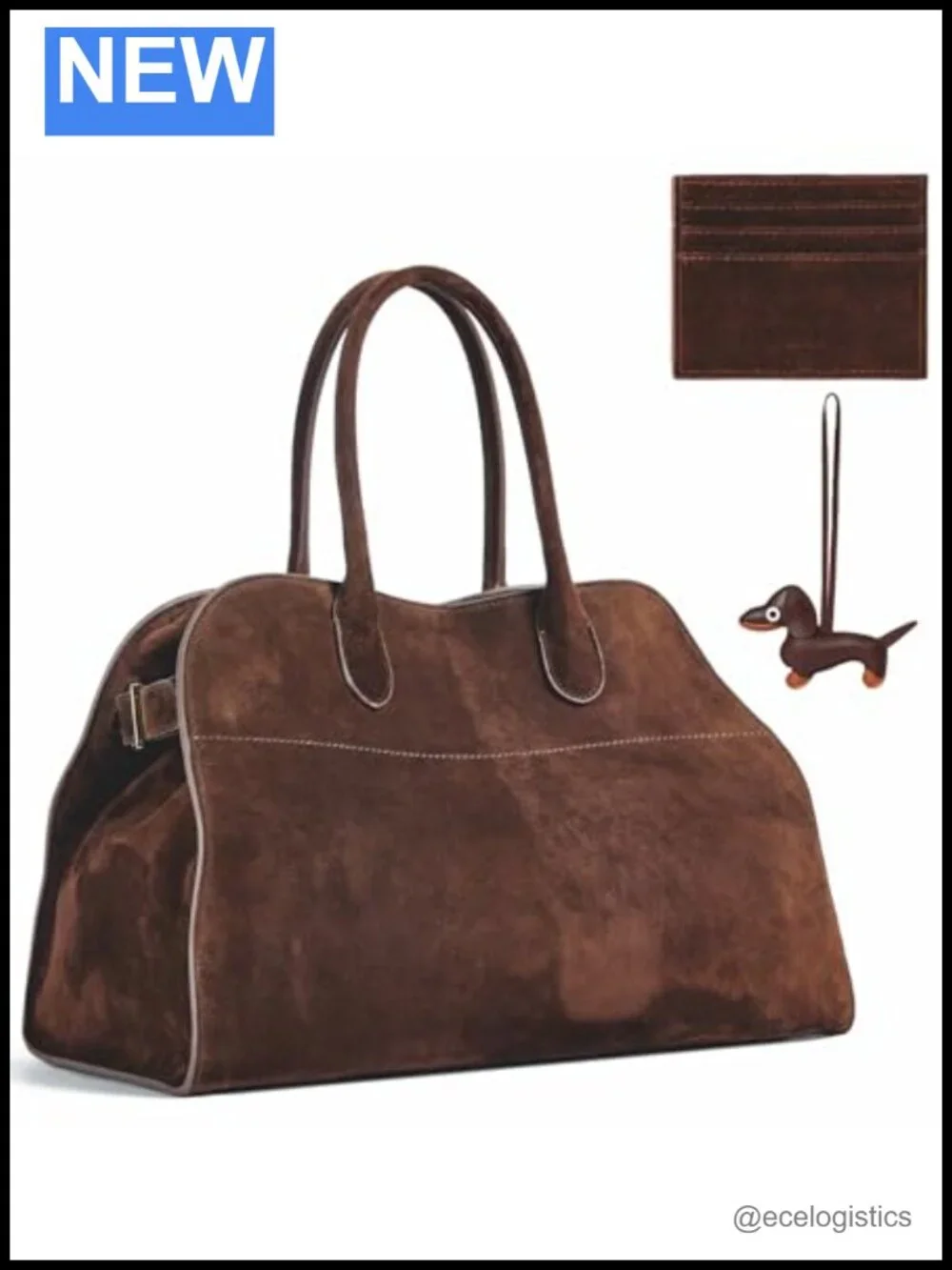 Genuine Suede Tote Bag for Women, Hand-Sewn Hobo Bag with Puppy Charm & Card